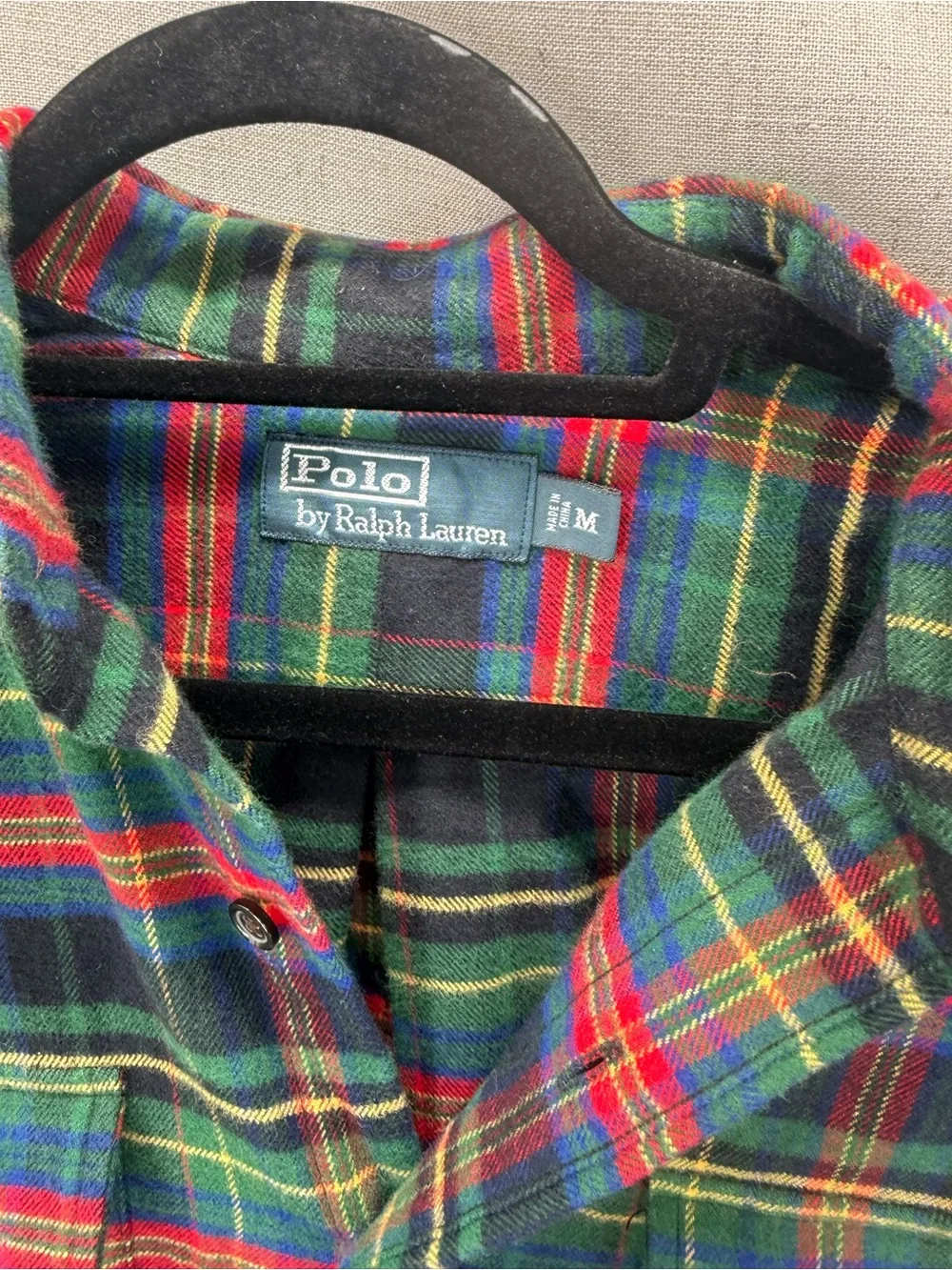 Polo Ralph Lauren Shirt Mens Medium Plaid Flannel Elbow Suede Patches Pockets